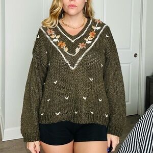 Olive Floral V-Neck Sweater